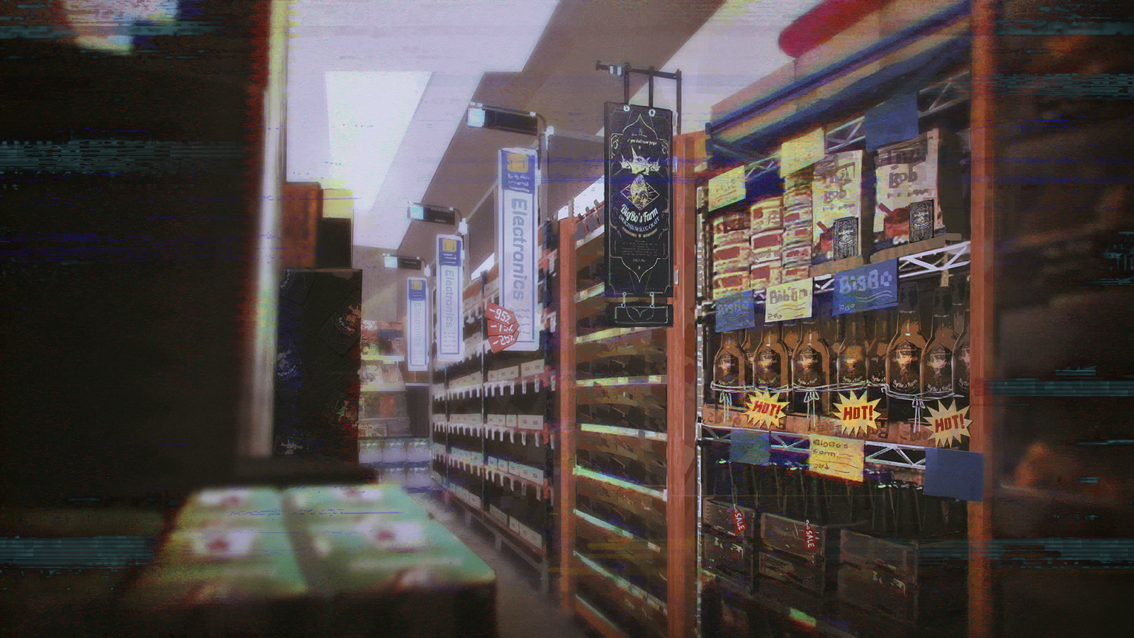 深夜便利店的货架通道，冷柜与招牌灯光